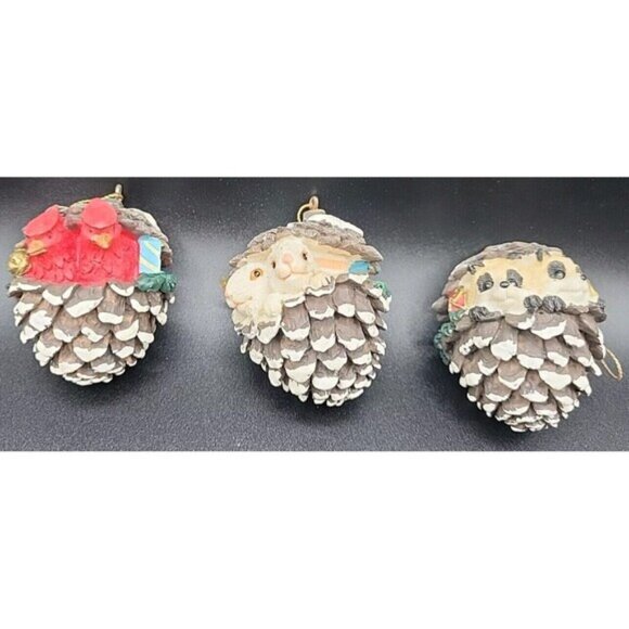 Vintage Christmas Pinecone Animal Ornaments Woodland Set Of 3 - Picture 1 of 7